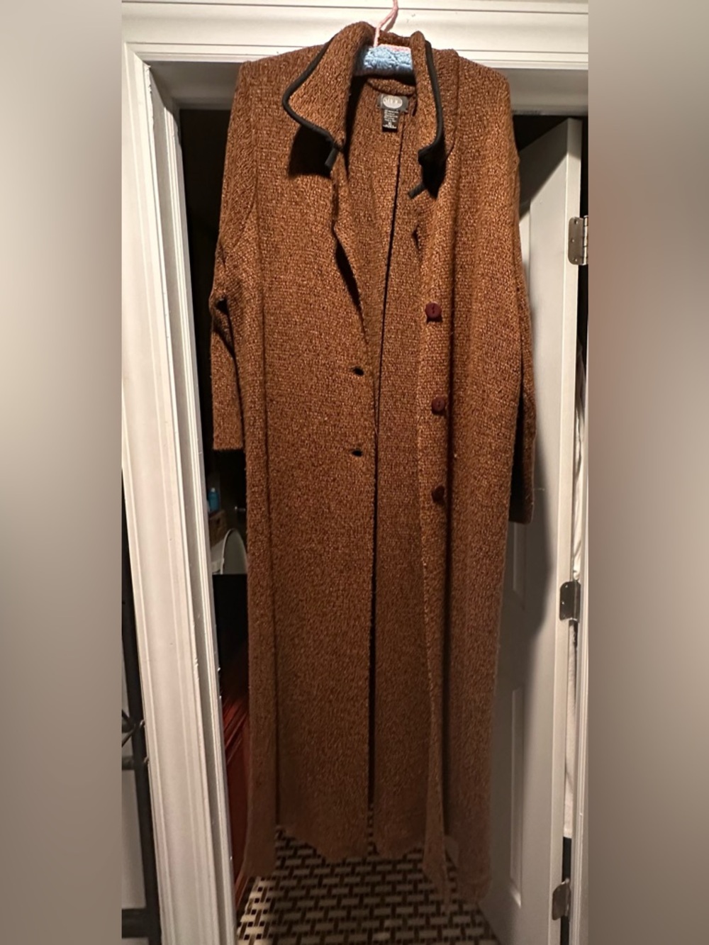Magic, Made in Italy Long Brown Knit Pea Coat with Contrast Trim